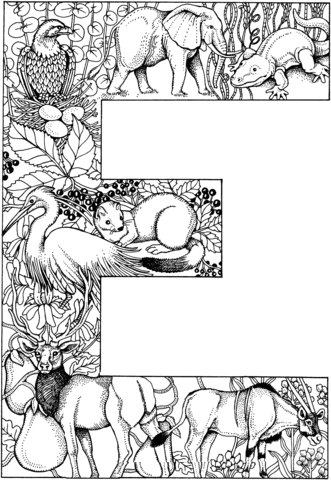 Letter E With Animals Coloring Page